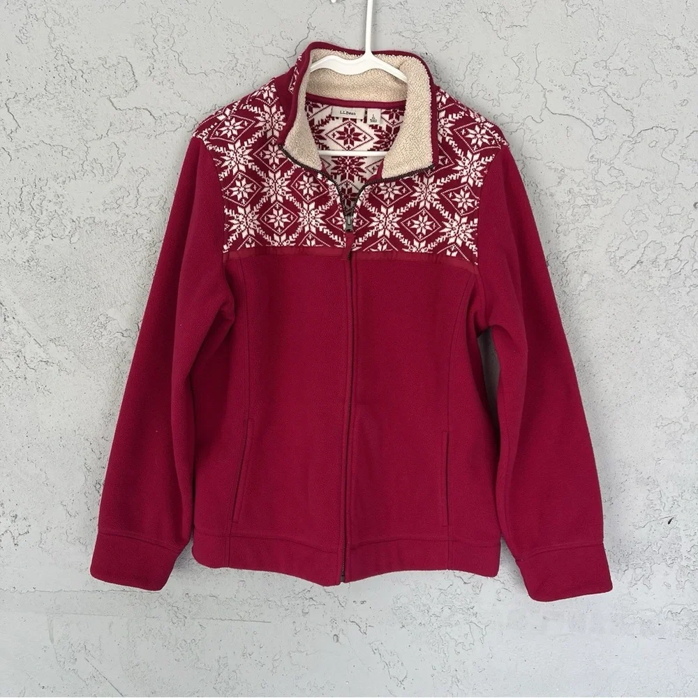 L.L. Bean Red Fair Isle Fleece Zip Jacket